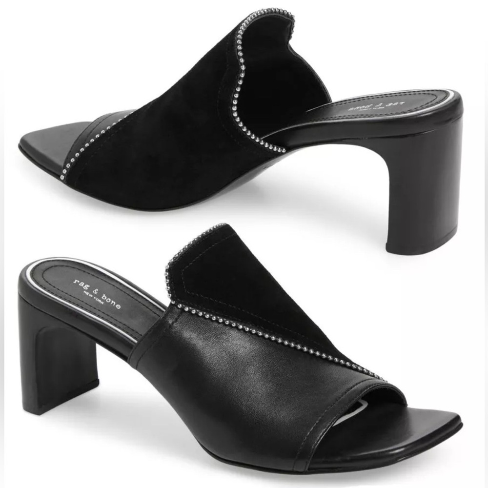 RAG & BONE Myla Black Leather Suede Studs Asymmetrical Open Toe Clog Mules Sz 38